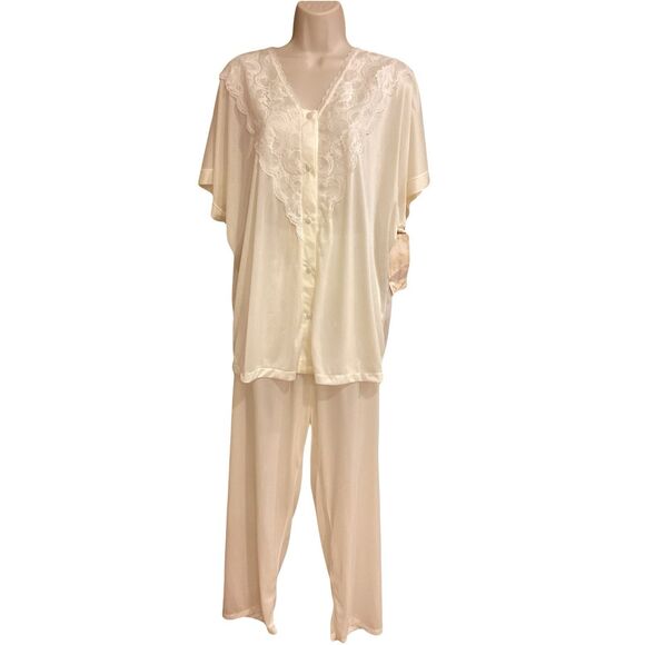 Vtg Soft Moments 2-Piece Pajama Set Pale Yellow Lace Sz M 1970s NOS NWT USA - Picture 2 of 12